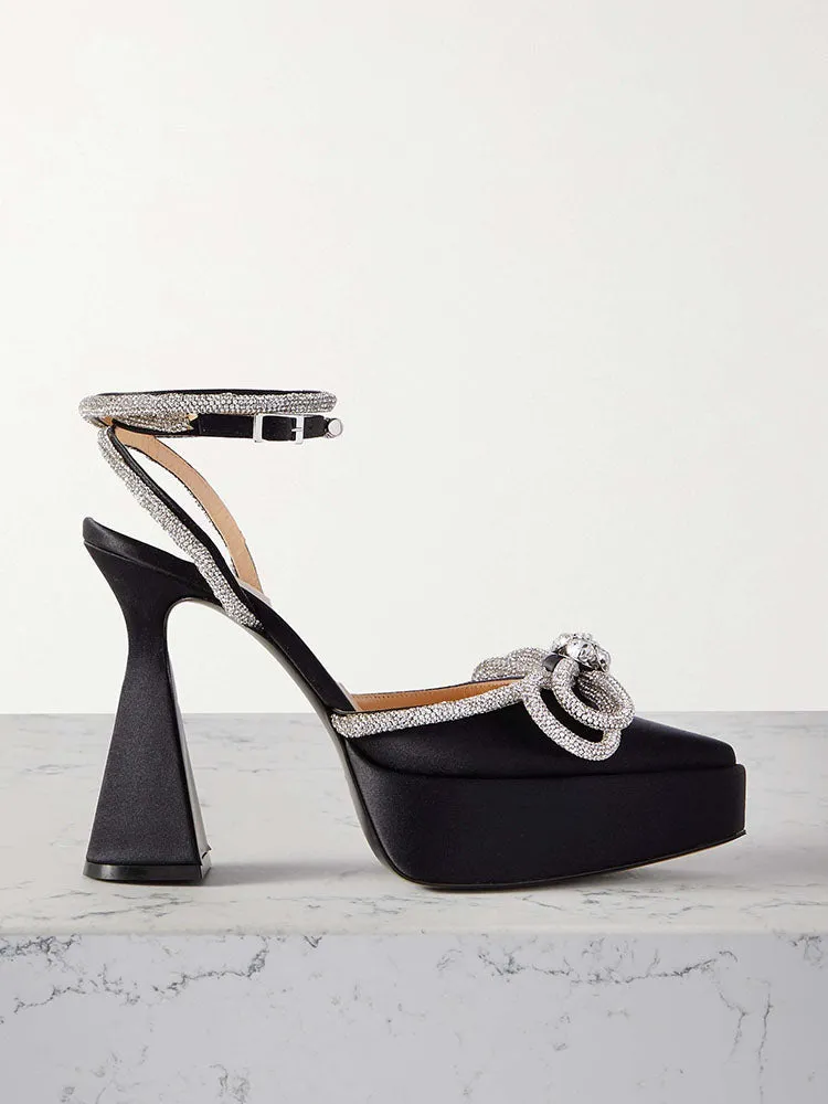 Satin Rhinestone Platform Bow Heels
