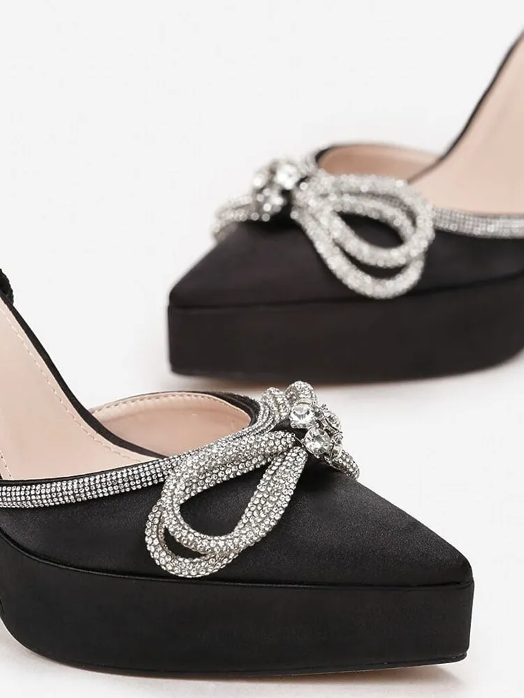 Satin Rhinestone Platform Bow Heels