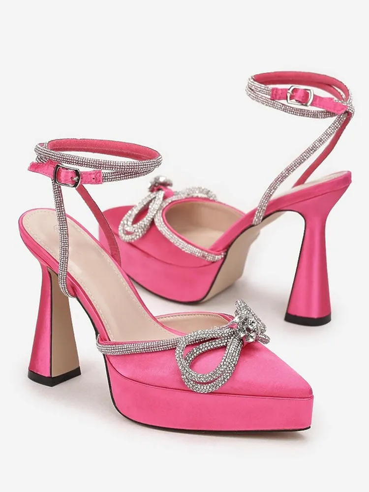 Satin Rhinestone Platform Bow Heels