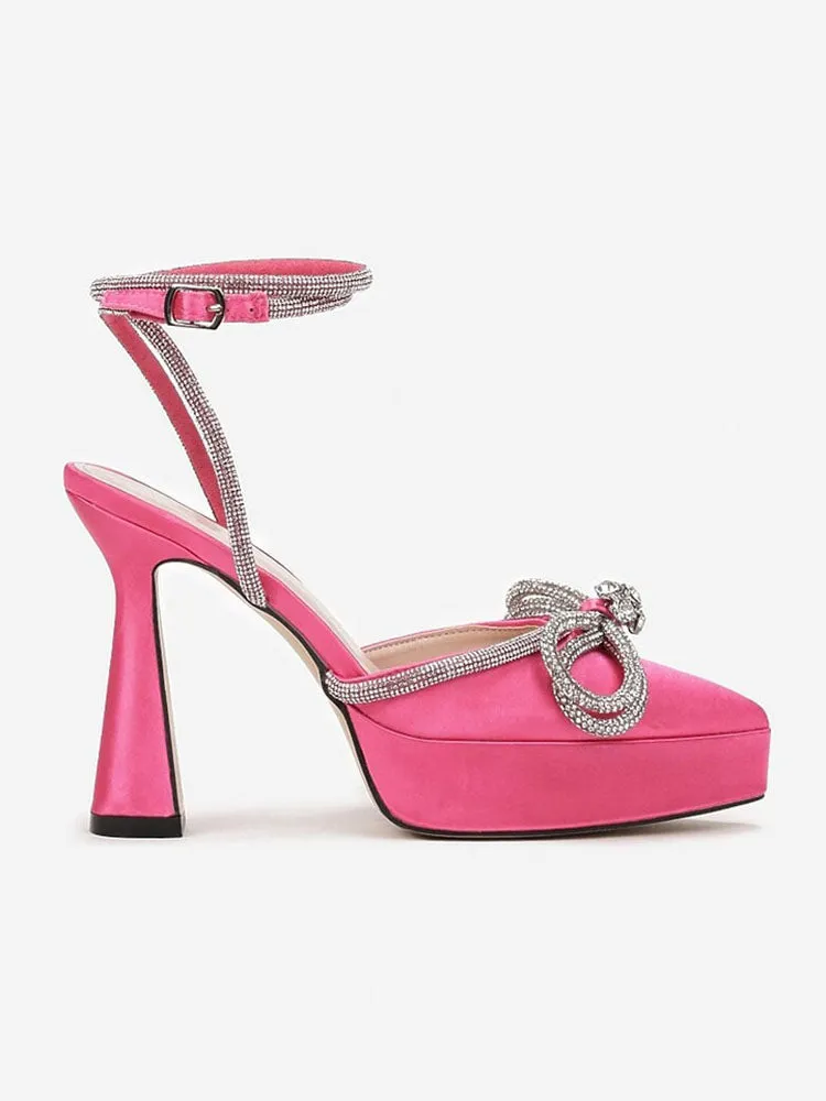 Satin Rhinestone Platform Bow Heels