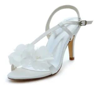 Satin Stiletto Heel Sandals Slingbacks With Buckle, Wedding Shoes, L-571