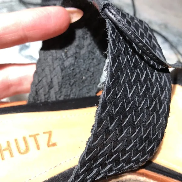 Schutz black woven leather platform espadrille like new ankle with tassel 5.5