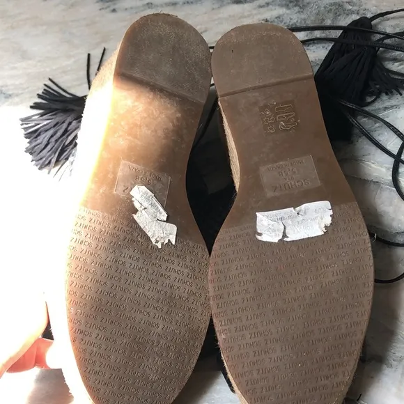 Schutz black woven leather platform espadrille like new ankle with tassel 5.5