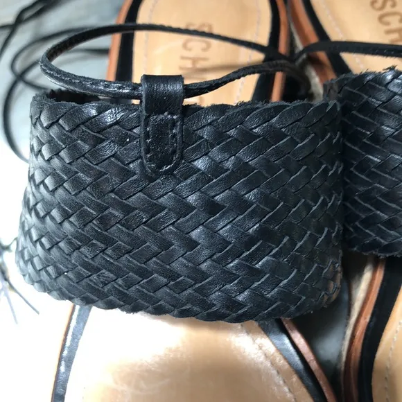 Schutz black woven leather platform espadrille like new ankle with tassel 5.5