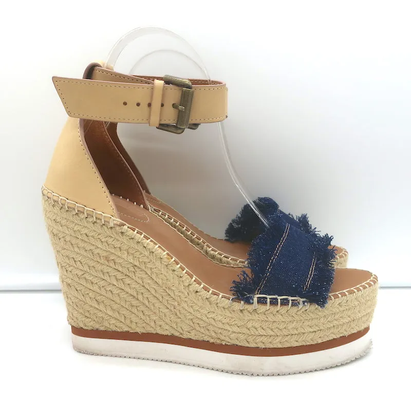See by Chloe Glyn Platform Espadrille Wedge Sandals Denim & Leather Size 38