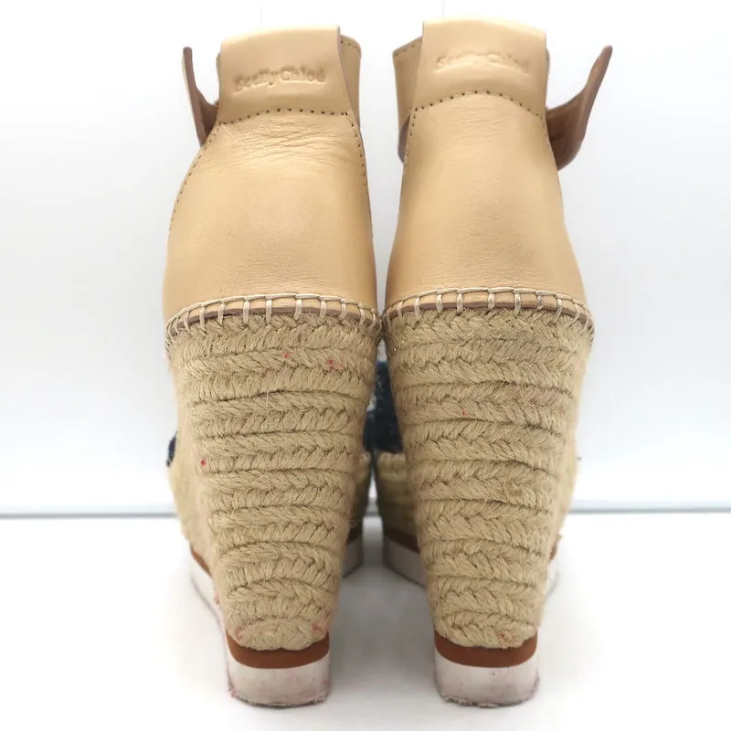 See by Chloe Glyn Platform Espadrille Wedge Sandals Denim & Leather Size 38