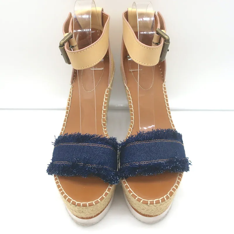 See by Chloe Glyn Platform Espadrille Wedge Sandals Denim & Leather Size 38