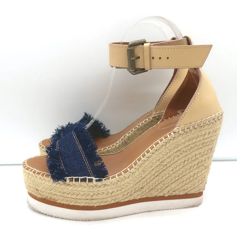 See by Chloe Glyn Platform Espadrille Wedge Sandals Denim & Leather Size 38