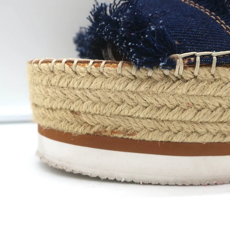 See by Chloe Glyn Platform Espadrille Wedge Sandals Denim & Leather Size 38