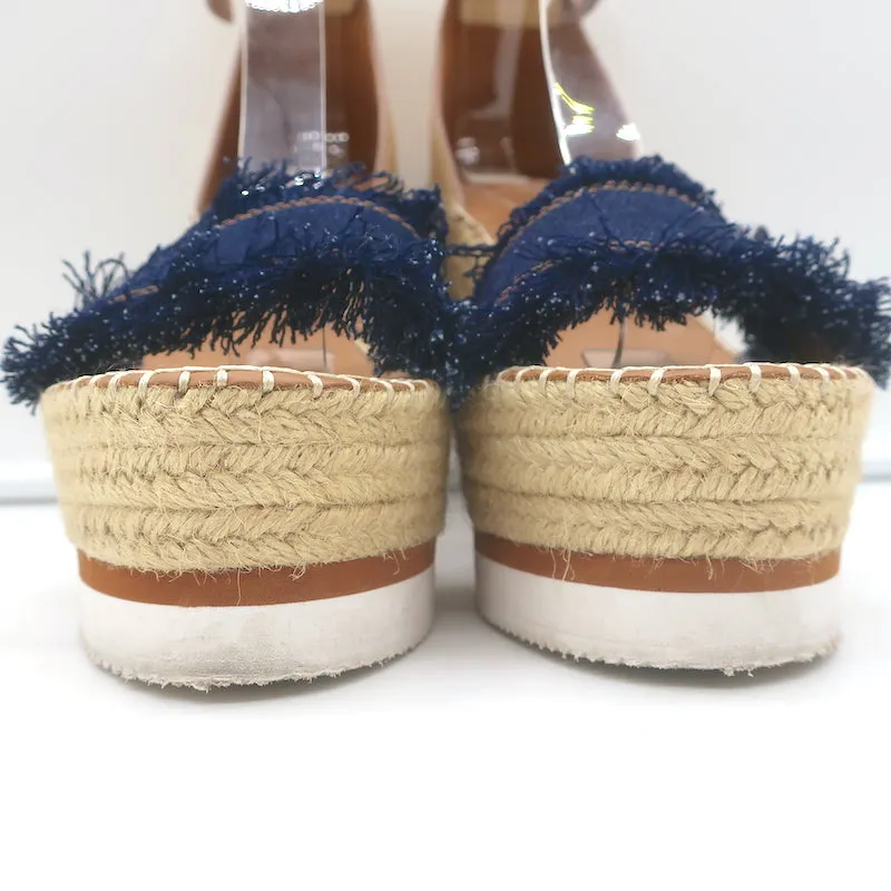 See by Chloe Glyn Platform Espadrille Wedge Sandals Denim & Leather Size 38