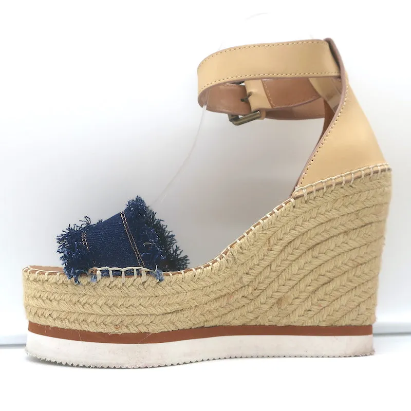 See by Chloe Glyn Platform Espadrille Wedge Sandals Denim & Leather Size 38