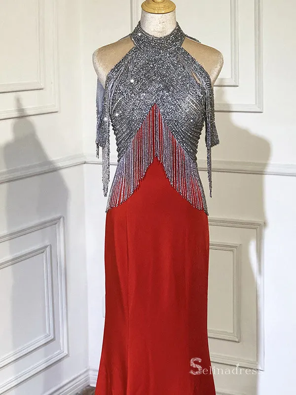Selina Mermaid High Luxury Silver Tassel Feather Dubai Wedding Prom Evening Gowns SC046-Real pictures!