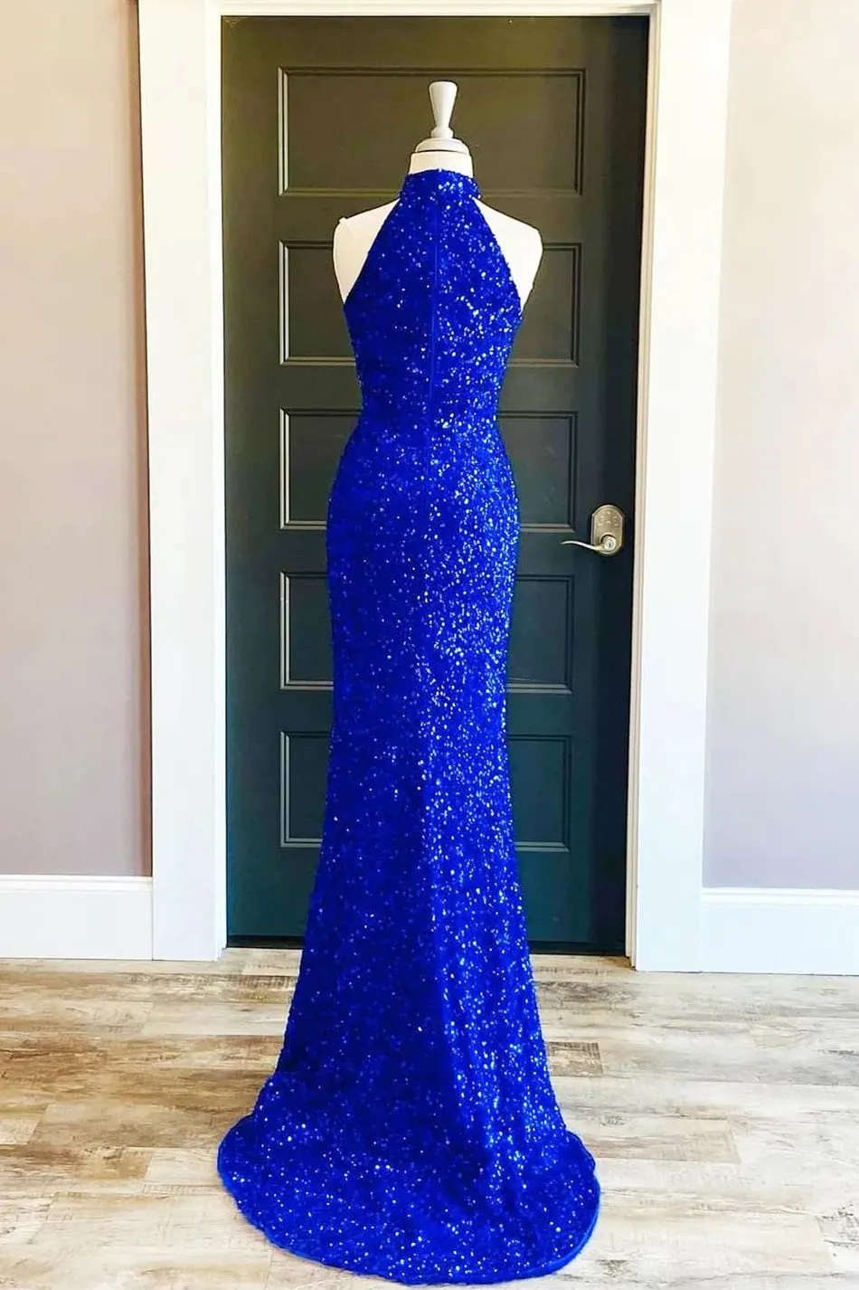 Sequins High Neck Royal Blue Long Party Dress with Slit