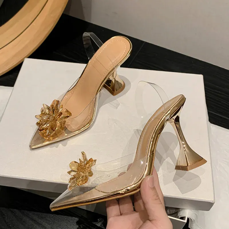 Sexy Crystal Flower PVC Slingback High Heels for Women in Summer