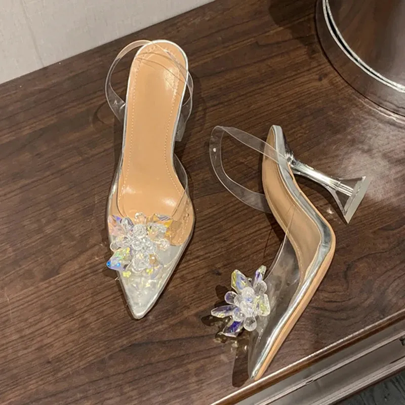 Sexy Crystal Flower PVC Slingback High Heels for Women in Summer