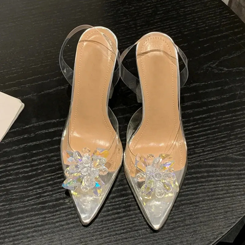Sexy Crystal Flower PVC Slingback High Heels for Women in Summer