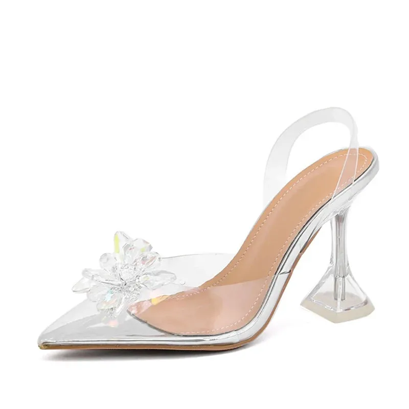 Sexy Crystal Flower PVC Slingback High Heels for Women in Summer
