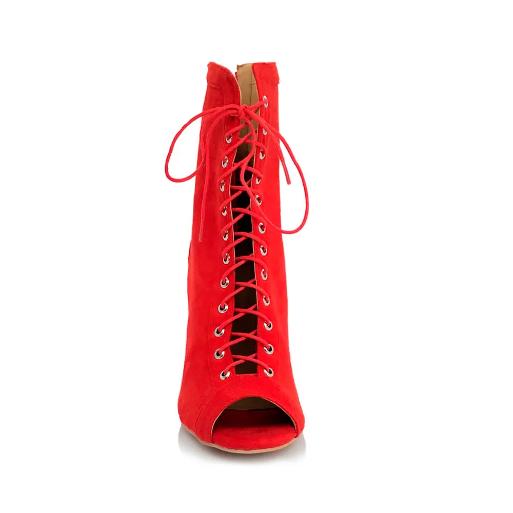 Sierralynn - Open Toe Faux Suede Lace Up Latin Dance Booties (Suede Sole)