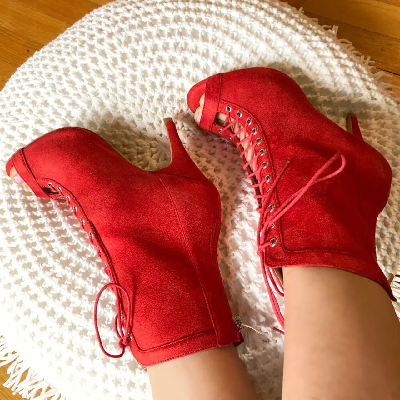 Sierralynn - Open Toe Faux Suede Lace Up Latin Dance Booties (Suede Sole)