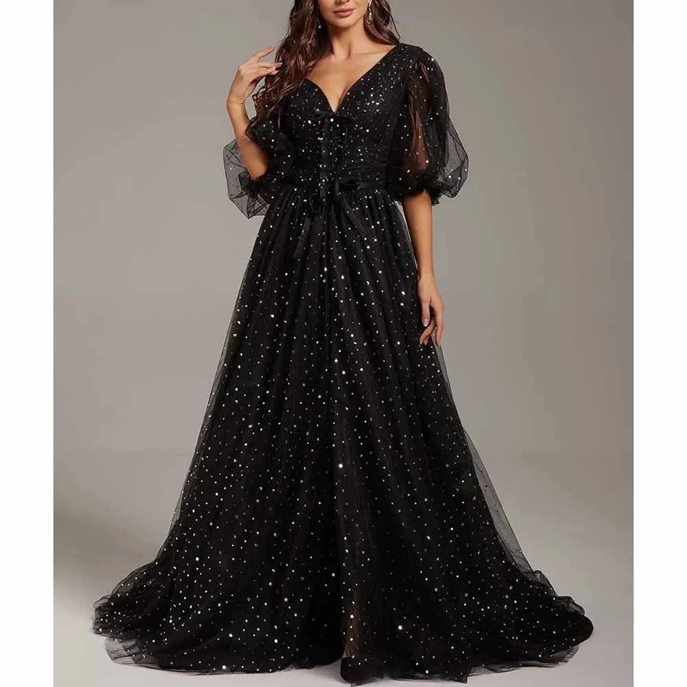 Sparkle Tulle Prom Dresses Puffy Sleeve Slit Formal Evening Party Gowns