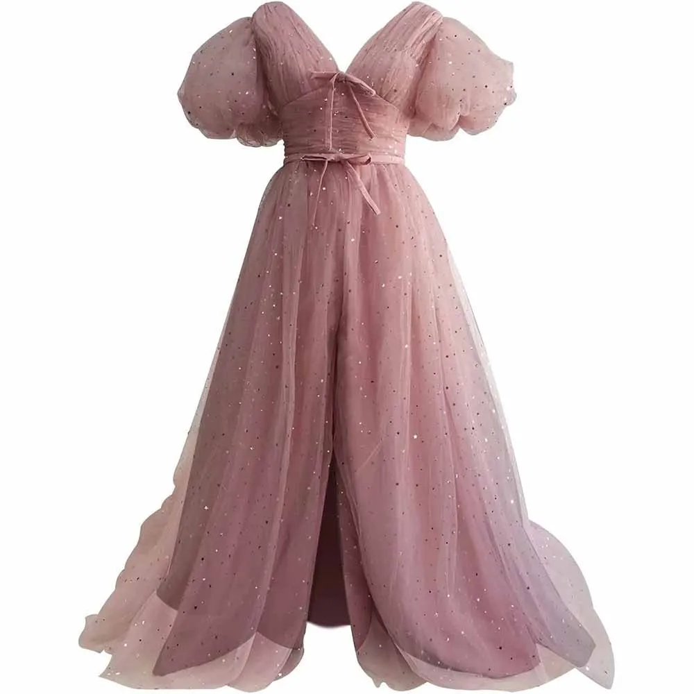 Sparkle Tulle Prom Dresses Puffy Sleeve Slit Formal Evening Party Gowns