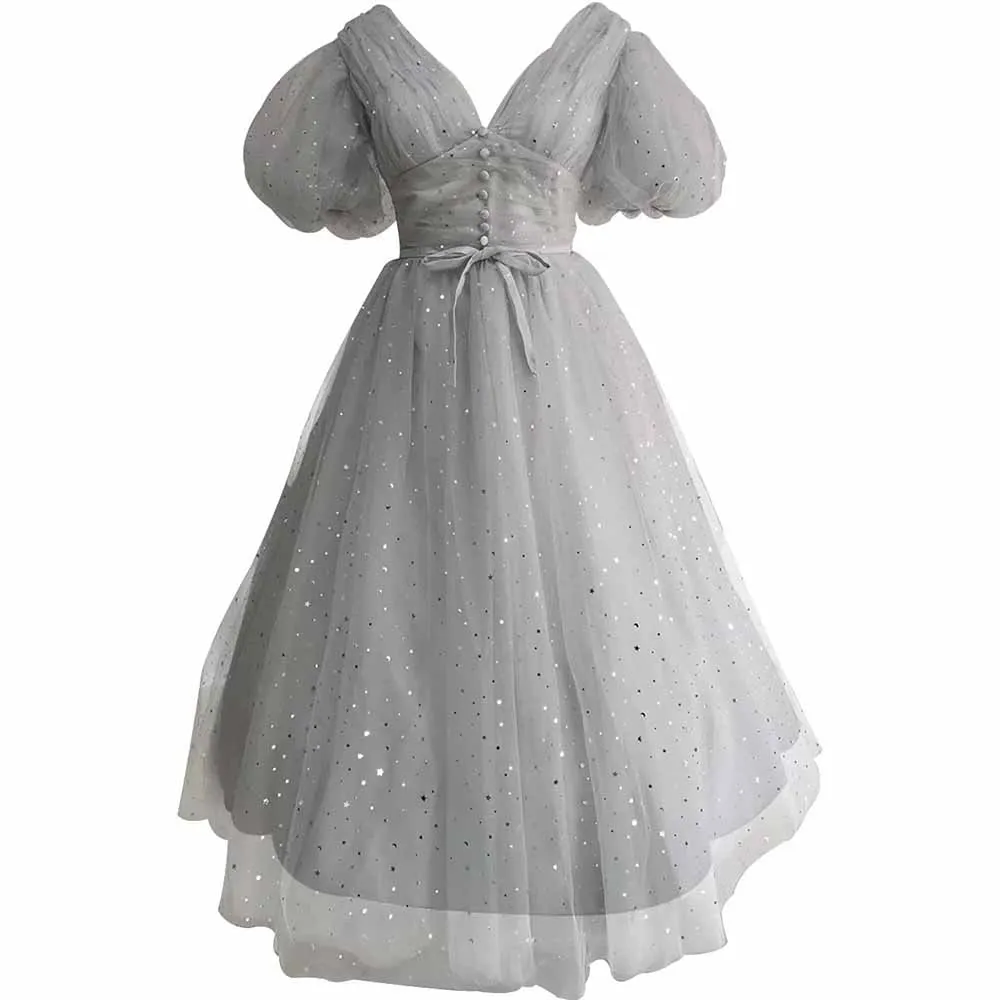 Sparkle Tulle Prom Dresses Puffy Sleeve Slit Formal Evening Party Gowns