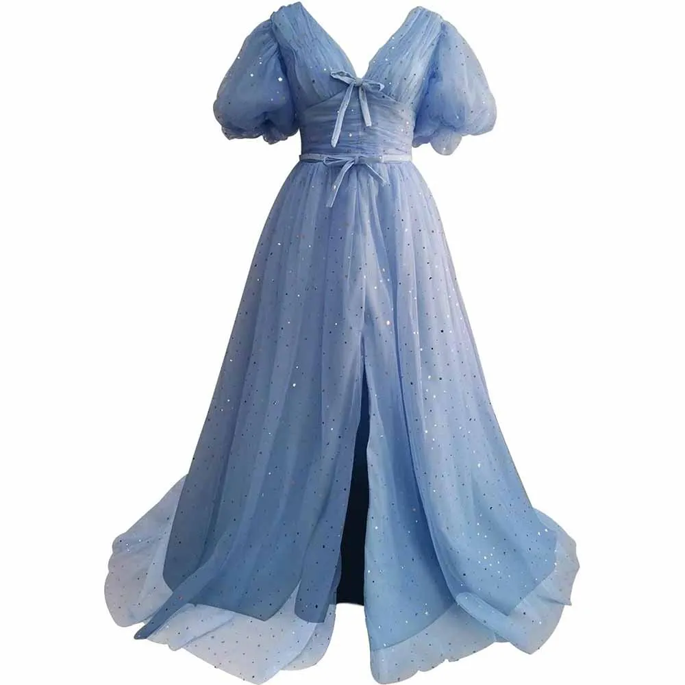 Sparkle Tulle Prom Dresses Puffy Sleeve Slit Formal Evening Party Gowns
