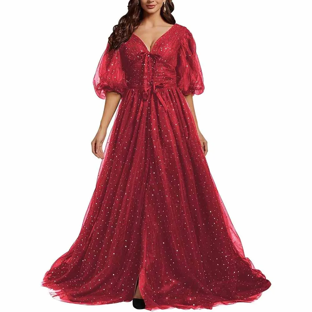 Sparkle Tulle Prom Dresses Puffy Sleeve Slit Formal Evening Party Gowns