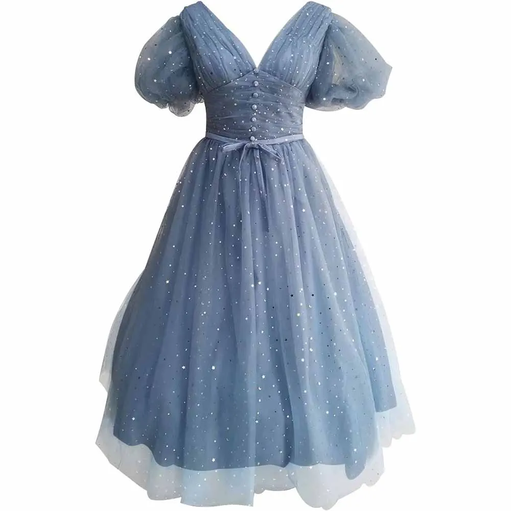 Sparkle Tulle Prom Dresses Puffy Sleeve Slit Formal Evening Party Gowns