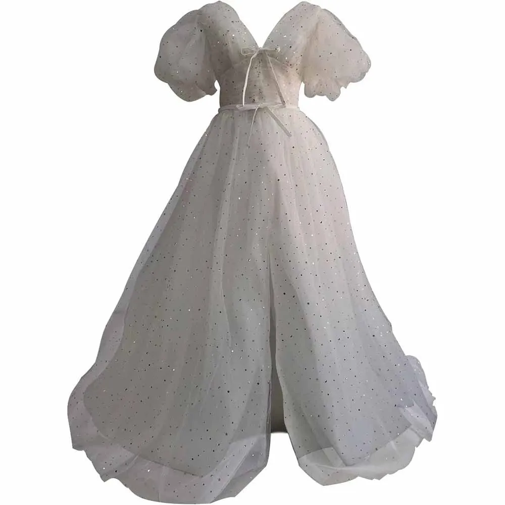 Sparkle Tulle Prom Dresses Puffy Sleeve Slit Formal Evening Party Gowns