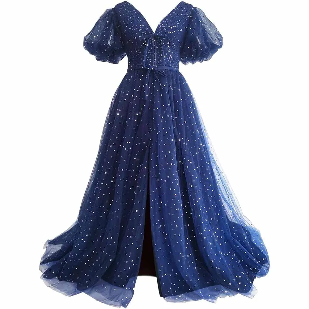 Sparkle Tulle Prom Dresses Puffy Sleeve Slit Formal Evening Party Gowns