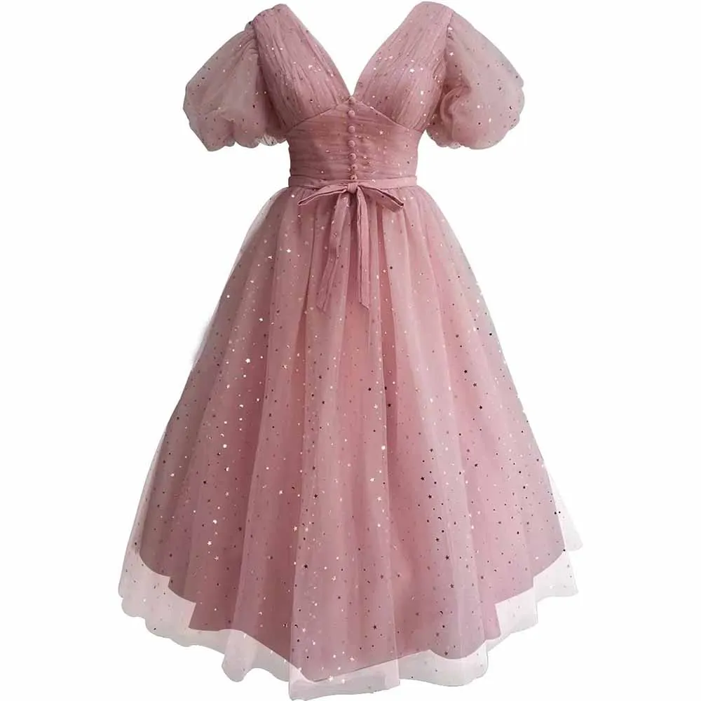 Sparkle Tulle Prom Dresses Puffy Sleeve Slit Formal Evening Party Gowns
