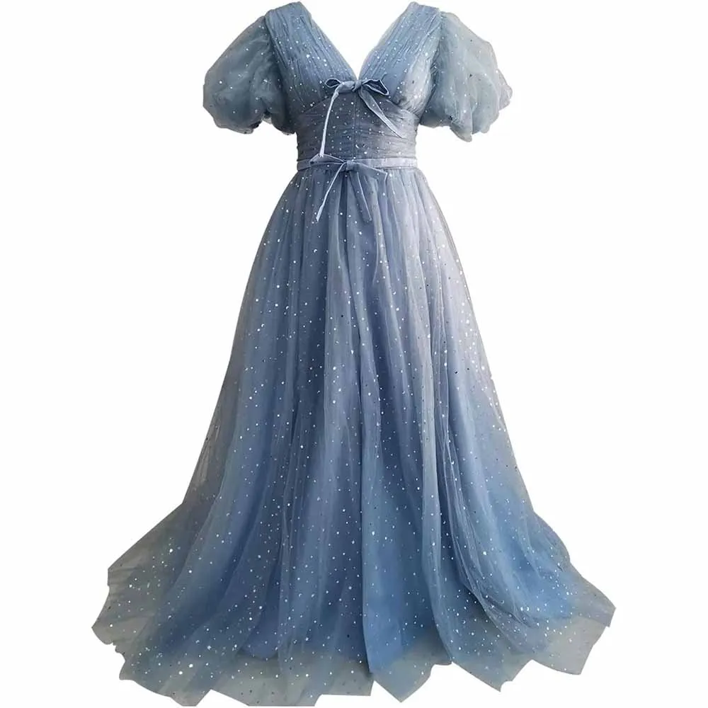 Sparkle Tulle Prom Dresses Puffy Sleeve Slit Formal Evening Party Gowns