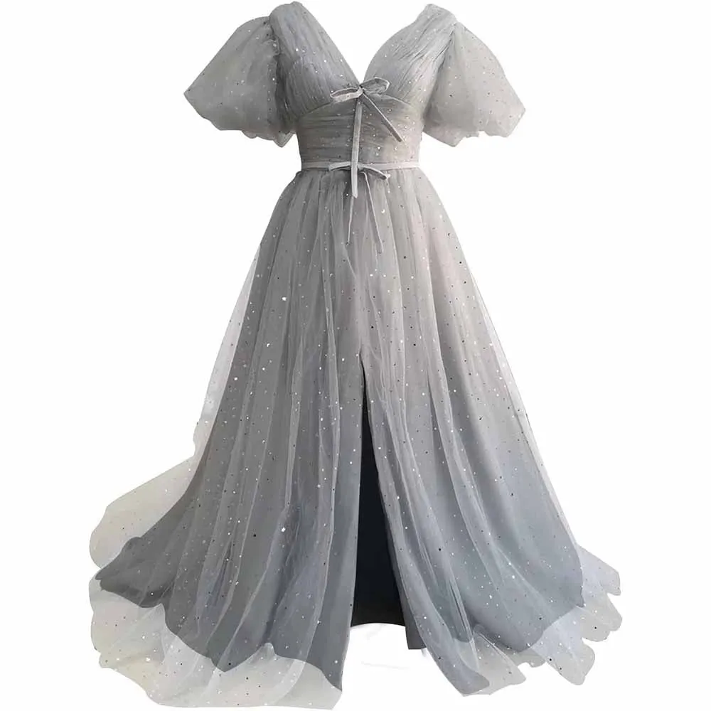Sparkle Tulle Prom Dresses Puffy Sleeve Slit Formal Evening Party Gowns