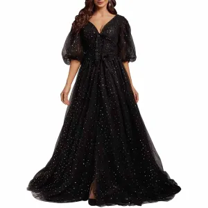 Sparkle Tulle Prom Dresses Puffy Sleeve Slit Formal Evening Party Gowns