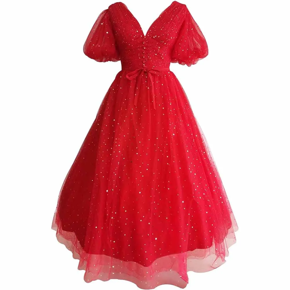 Sparkle Tulle Prom Dresses Puffy Sleeve Slit Formal Evening Party Gowns