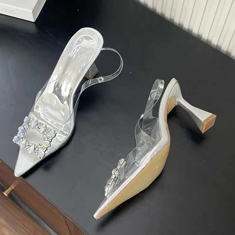 Spring Square CRYSTAL Women Pointed Toe Pumps Sandals High Heels