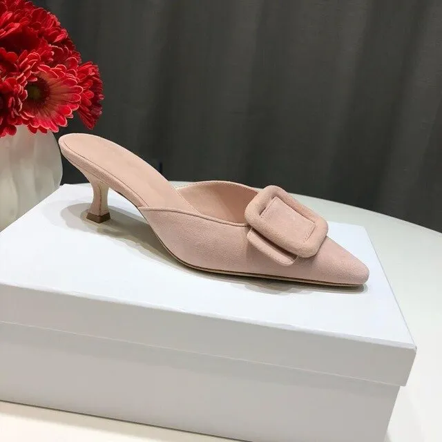 Spring/Summer Faux Suede Women Sandals Shoes Mid Thin Heel Genuine Leather Sole Women Shoes Mature Slingbacks Wedding Shoes