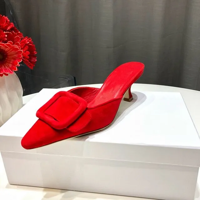 Spring/Summer Faux Suede Women Sandals Shoes Mid Thin Heel Genuine Leather Sole Women Shoes Mature Slingbacks Wedding Shoes