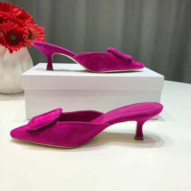 Spring/Summer Faux Suede Women Sandals Shoes Mid Thin Heel Genuine Leather Sole Women Shoes Mature Slingbacks Wedding Shoes