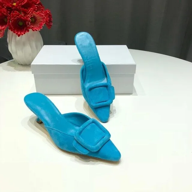 Spring/Summer Faux Suede Women Sandals Shoes Mid Thin Heel Genuine Leather Sole Women Shoes Mature Slingbacks Wedding Shoes