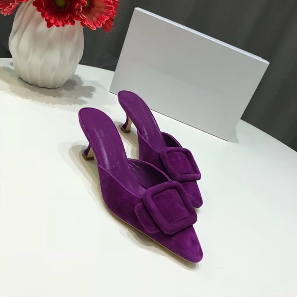 Spring/Summer Faux Suede Women Sandals Shoes Mid Thin Heel Genuine Leather Sole Women Shoes Mature Slingbacks Wedding Shoes