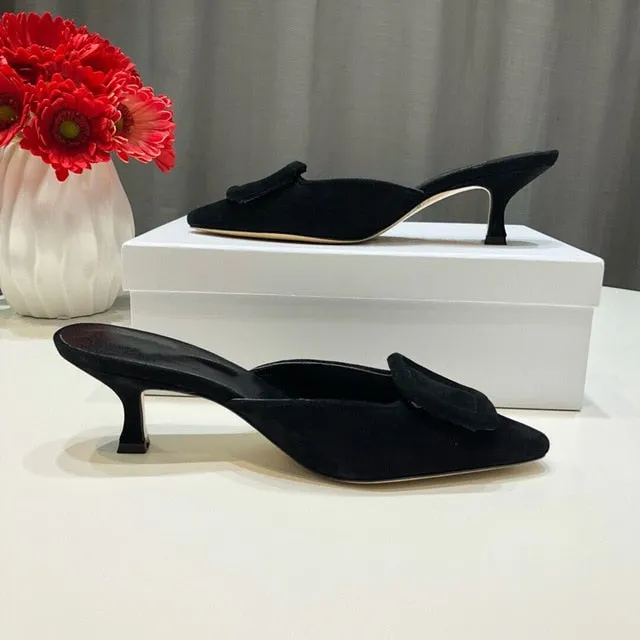 Spring/Summer Faux Suede Women Sandals Shoes Mid Thin Heel Genuine Leather Sole Women Shoes Mature Slingbacks Wedding Shoes