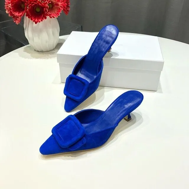 Spring/Summer Faux Suede Women Sandals Shoes Mid Thin Heel Genuine Leather Sole Women Shoes Mature Slingbacks Wedding Shoes