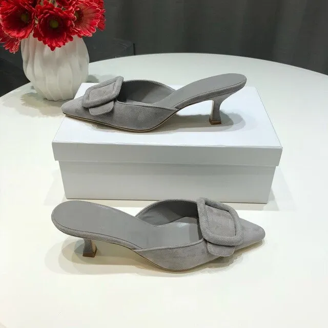Spring/Summer Faux Suede Women Sandals Shoes Mid Thin Heel Genuine Leather Sole Women Shoes Mature Slingbacks Wedding Shoes