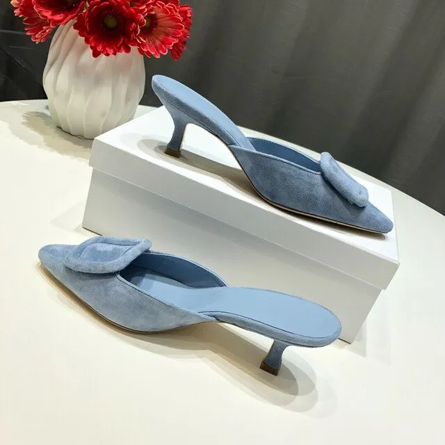 Spring/Summer Faux Suede Women Sandals Shoes Mid Thin Heel Genuine Leather Sole Women Shoes Mature Slingbacks Wedding Shoes