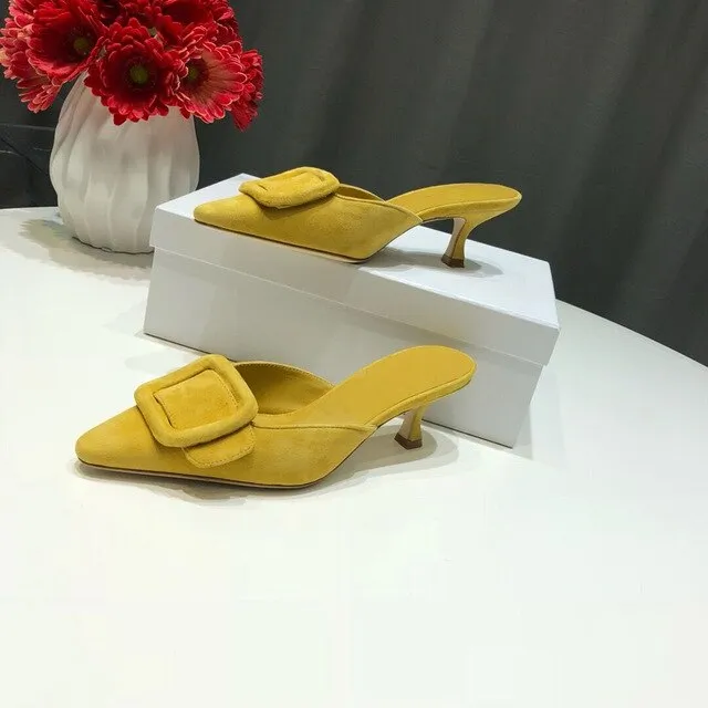 Spring/Summer Faux Suede Women Sandals Shoes Mid Thin Heel Genuine Leather Sole Women Shoes Mature Slingbacks Wedding Shoes