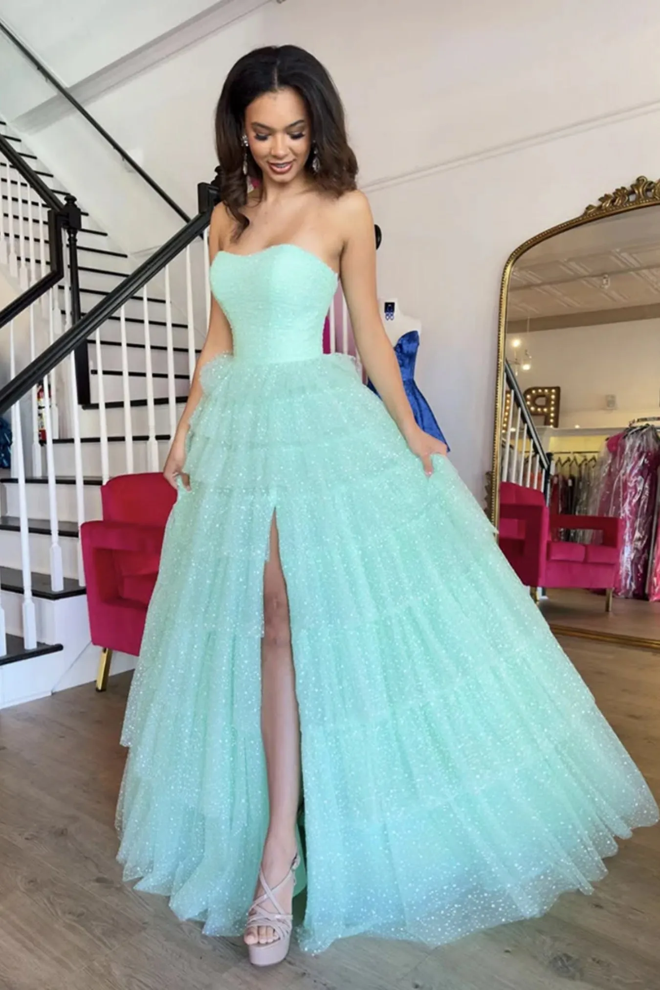 Strapless High Slit Ruffle Green Long Prom Dress, Floor length Green Formal Graduation Evening Dress A2264