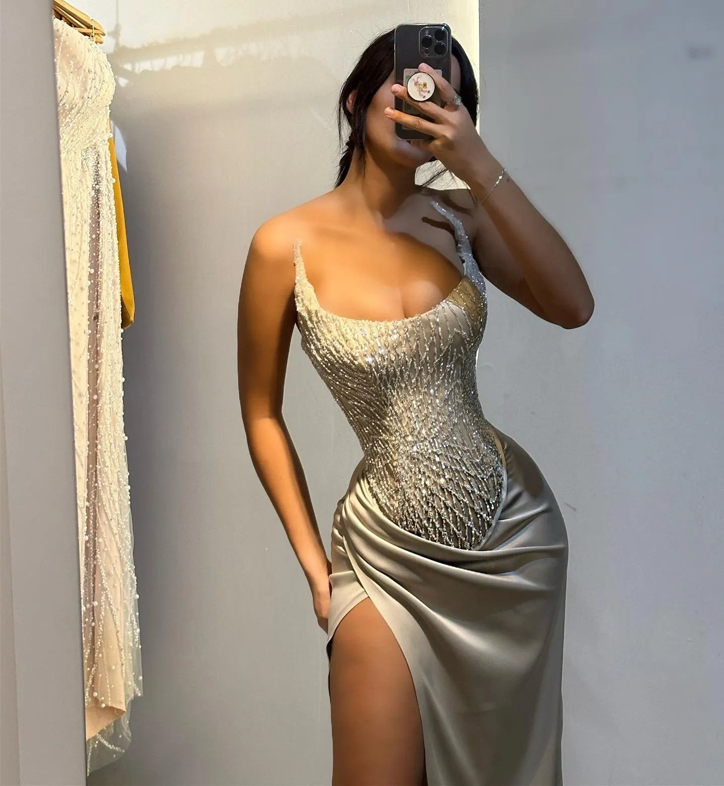 Strapless Mermaid High Split Prom Dress Long Featuring Sequins and Beads