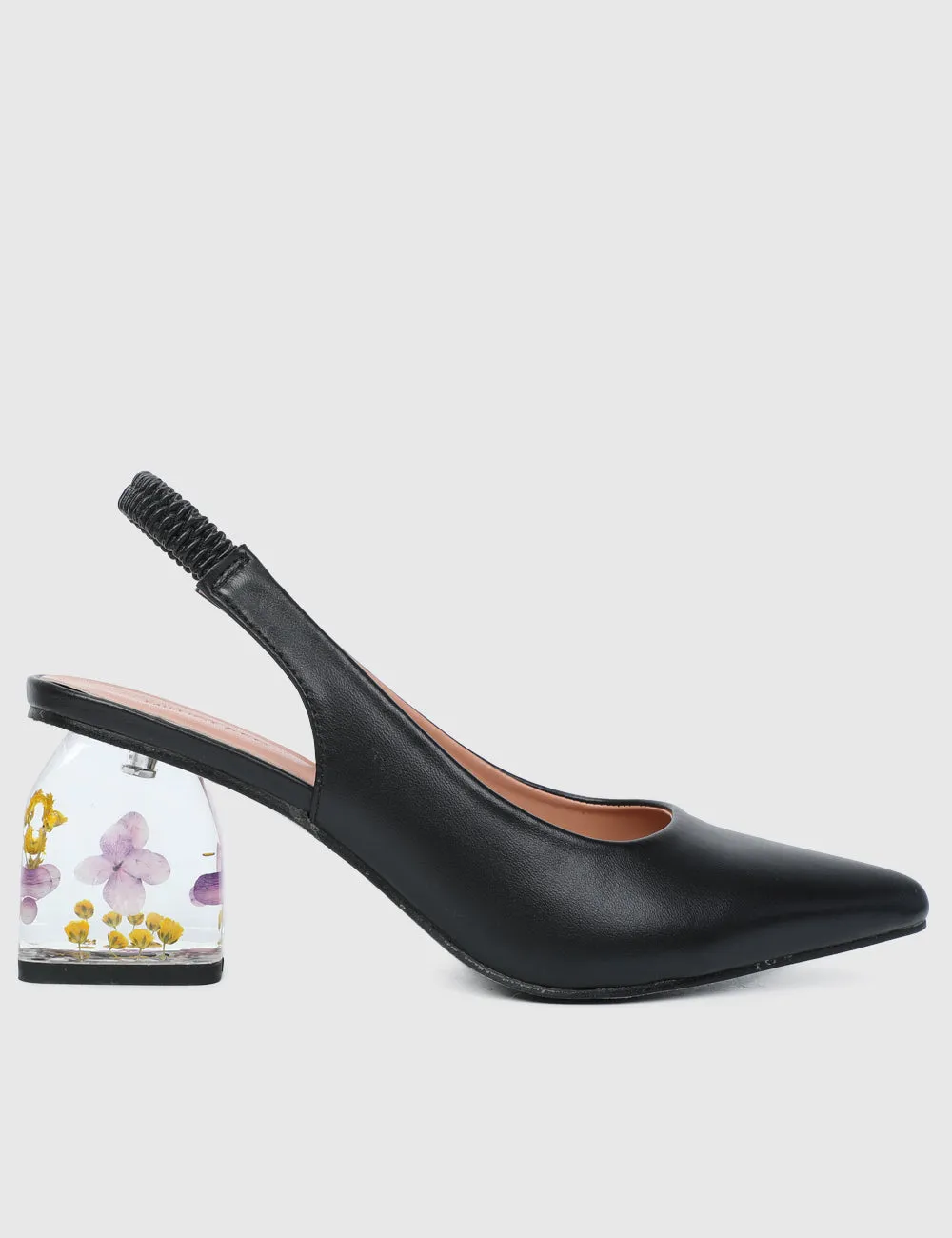 Summer Pointed Toe Floral Heels (Black)
